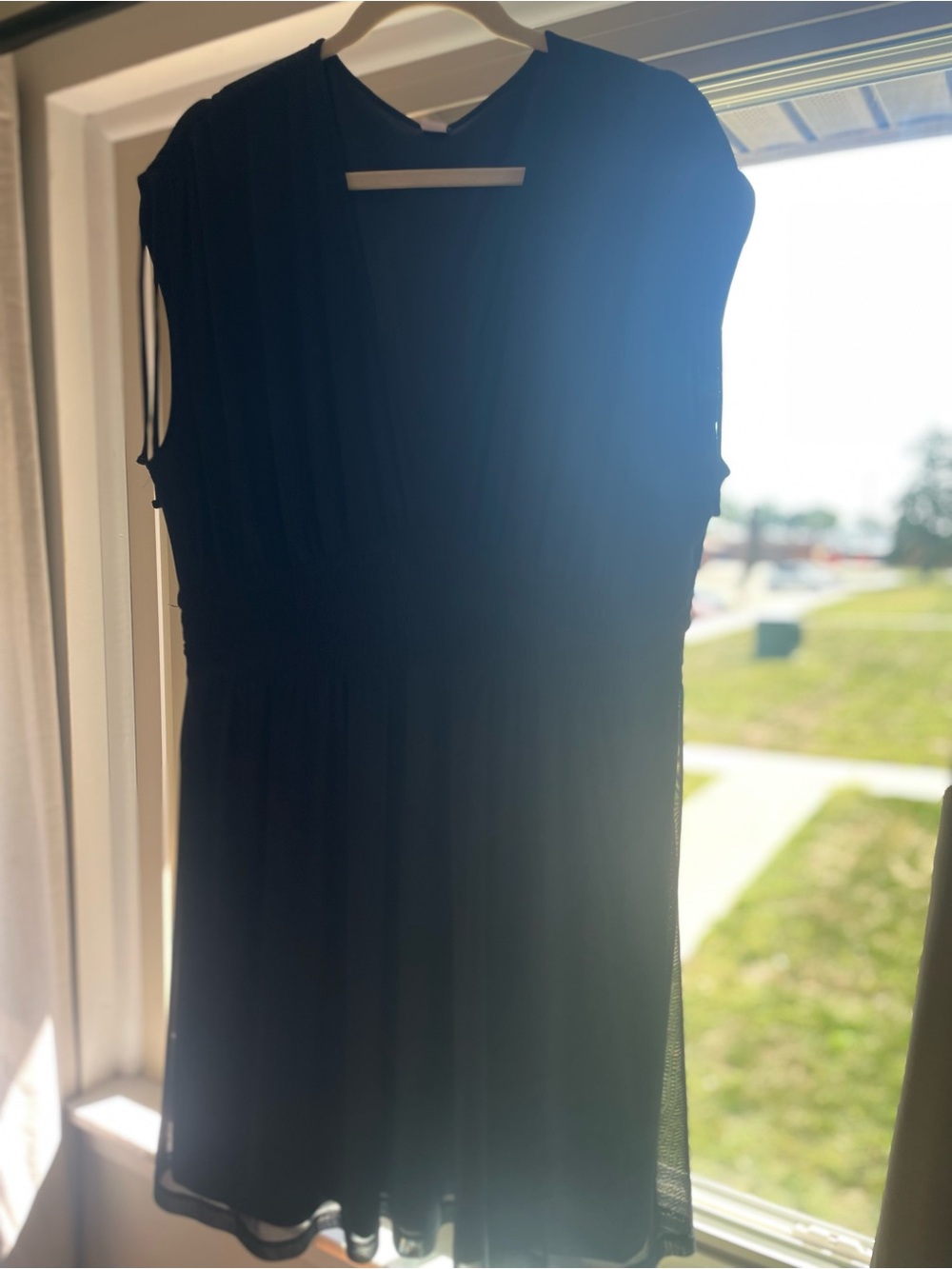 Old Navy Black Mini Dress with Cap Sleeves flirty tie detail on shoulders